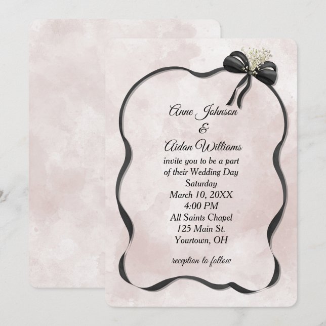 Invitation Wedding Black Bow and Ribbon on Watercolor (Devant / Derrière)