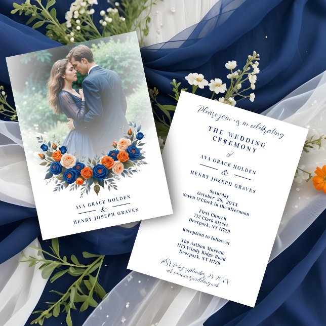 Invitation Wedding Blue & Orange Flowers Romantic Garland (Wedding Blue & Orange Flowers Romantic Garland  Photo Invitation with Envelope.)