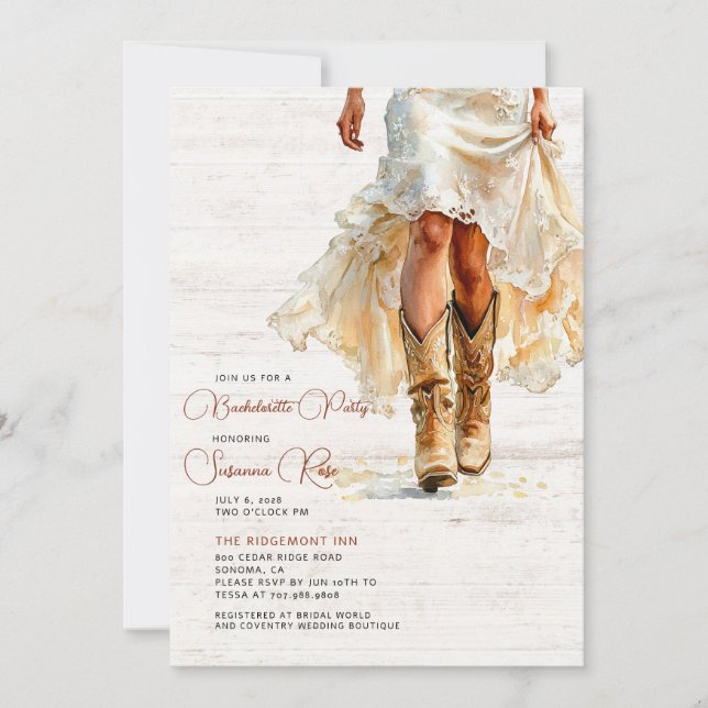 Invitation Wedding Dress Cowgirl Boots Bachelorette Party (Devant)