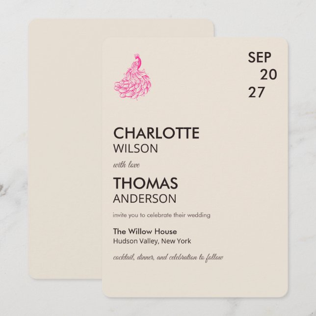 Invitation Wedding Peacock Botanical | Couture Art (Devant / Derrière)