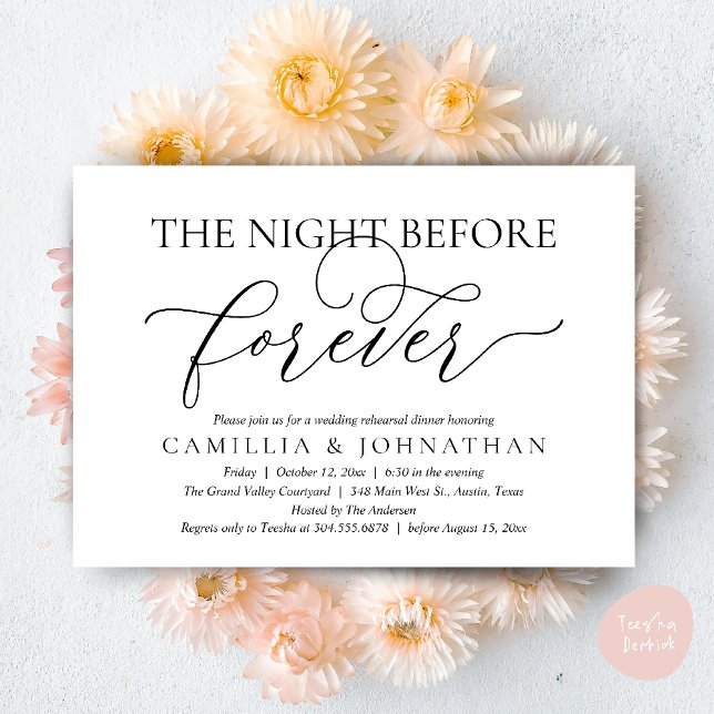 Invitation Wedding Rehearsal Dinner, The Night Before Forever (The Night Before Forever Wedding Rehearsal Dinner Romantic Classy Invites Card PDF in Black White)