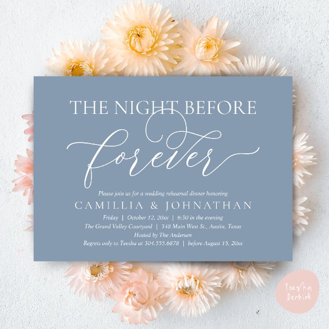 Invitation Wedding Rehearsal Dinner, The Night Before Forever (The Night Before Forever Wedding Rehearsal Dinner Romantic Classy Invites Card PDF in Dusty Blue)