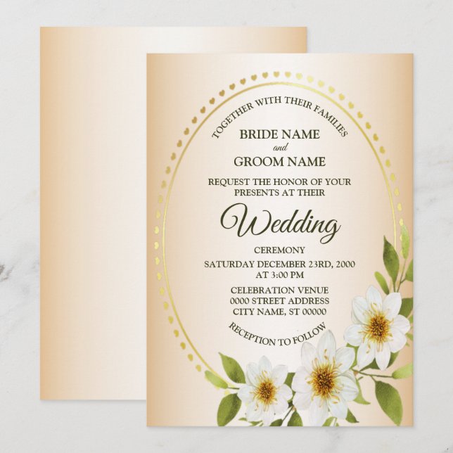 Invitation Wedding Rustic Golden Frame White Floral Peach (Devant / Derrière)