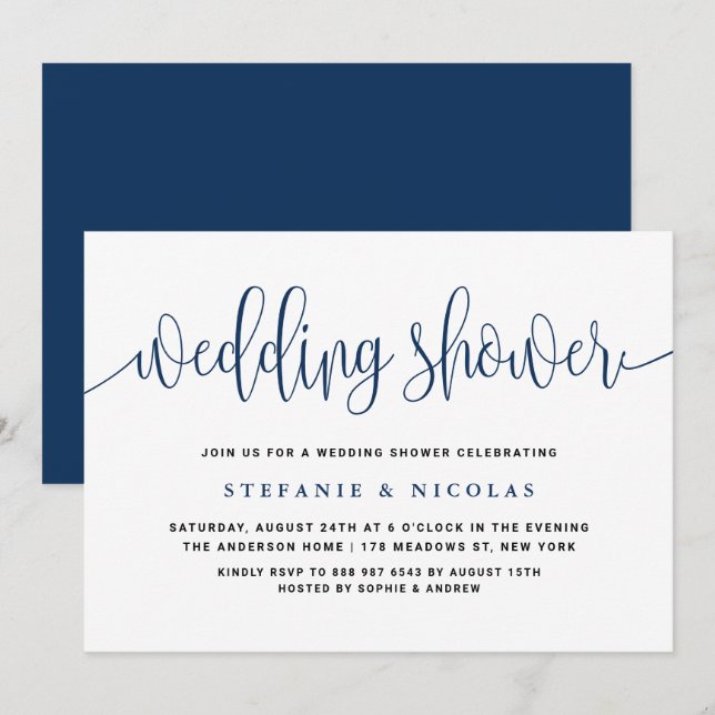 Invitation Wedding shower Blue Pretty Calligraphy (Devant / Derrière)