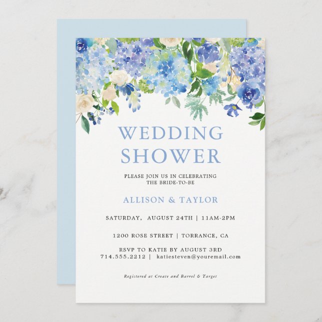 Invitation Wedding shower d'aquarelle bleu Hydrangea (Devant / Derrière)