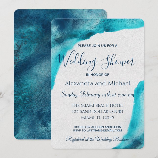 Invitation Wedding shower d'aquarelle bleu océan biologique (Devant / Derrière)