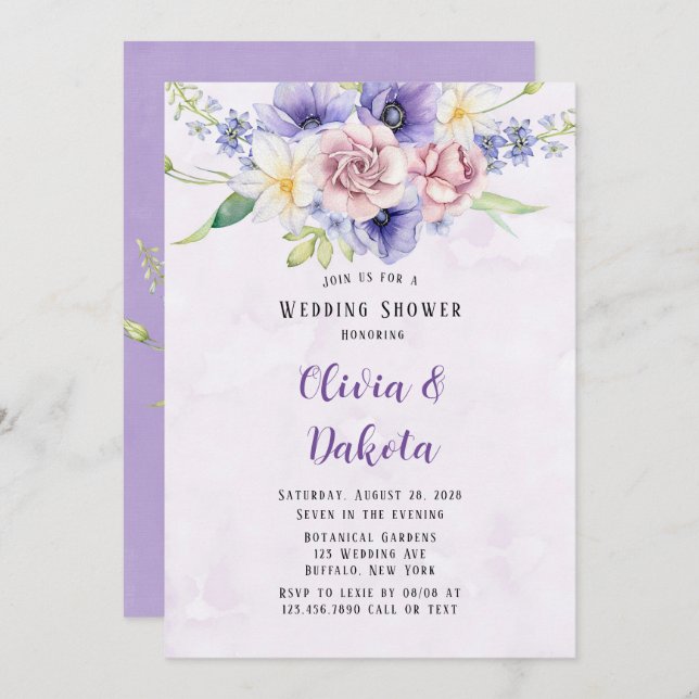 Invitation Wedding shower d'aquarelle violet violet (Devant / Derrière)