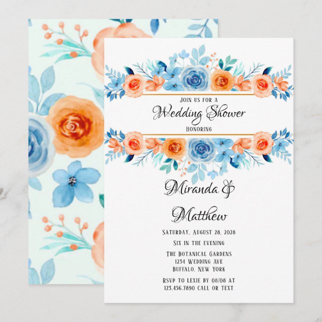 Invitation Wedding shower de fleurs bleu orange vernis (Devant / Derrière)