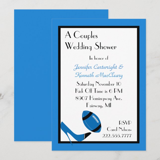 Invitation Wedding shower de football Blue & Black (Devant / Derrière)