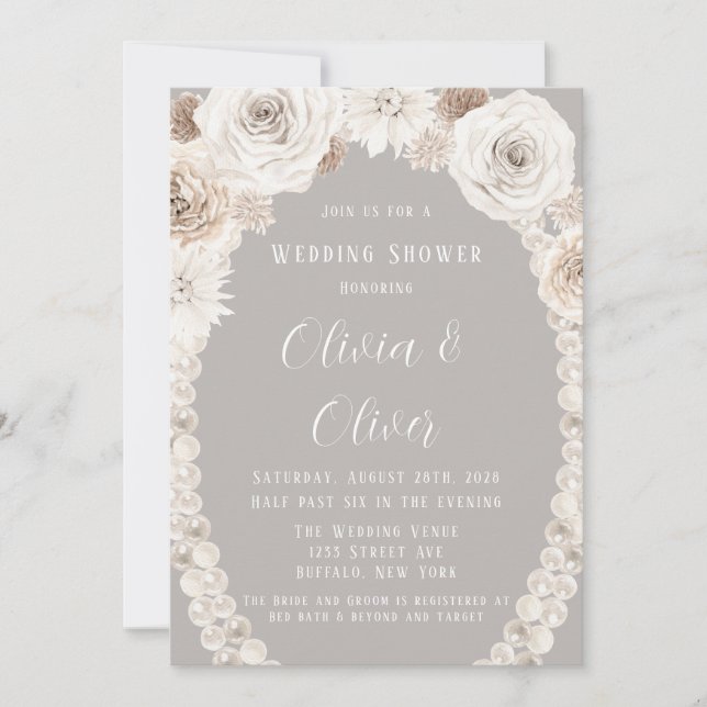 Invitation Wedding shower de perles florales blanches gris be (Devant)