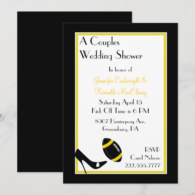 Invitation Wedding shower des couples de football noir et jau (Devant / Derrière)