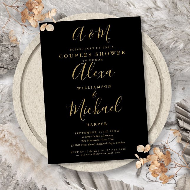 Invitation Wedding shower des couples de monogrammes noir et  (Black And Gold Monogram Couples Wedding Shower Invitation)
