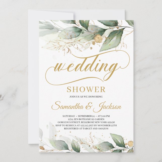 Invitation Wedding shower d'or feuille d'eucalyptus vert (Devant)
