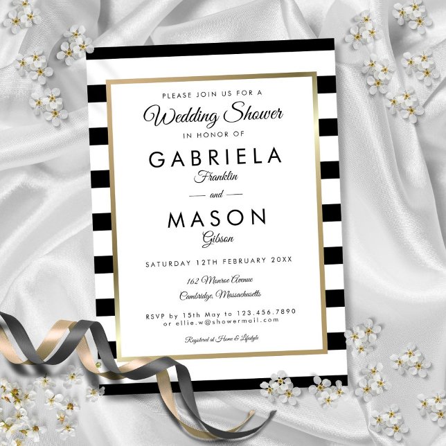 Invitation Wedding shower D'Or Noir Et Blanc Classique (Classic Black And White Stripe Gold Wedding Shower Invitation)