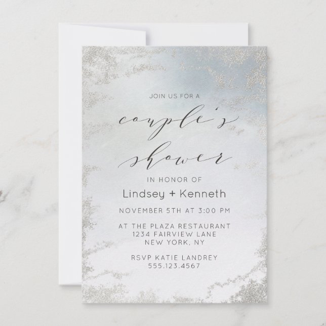 Invitation Wedding shower en argent poli bleu Ombre Dusty (Devant)