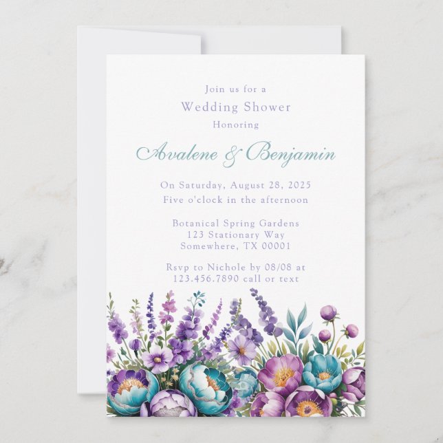 Invitation Wedding shower Fleur sauvage violet Turquoise (Devant)