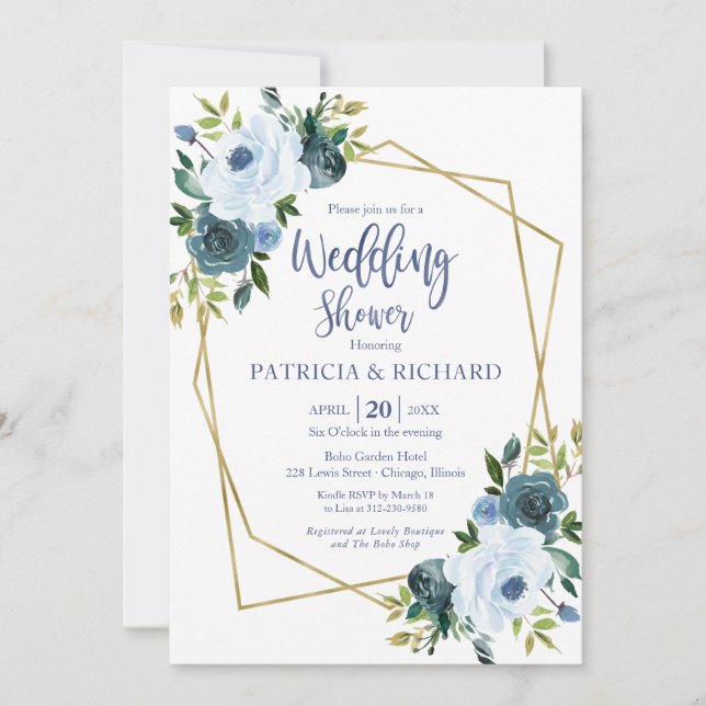 Invitation Wedding shower floral bleu bleu géométrique doré (Devant)