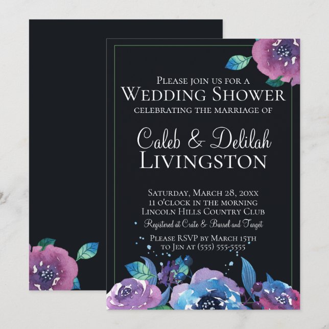 Invitation Wedding shower floral bleu foncé violet (Devant / Derrière)