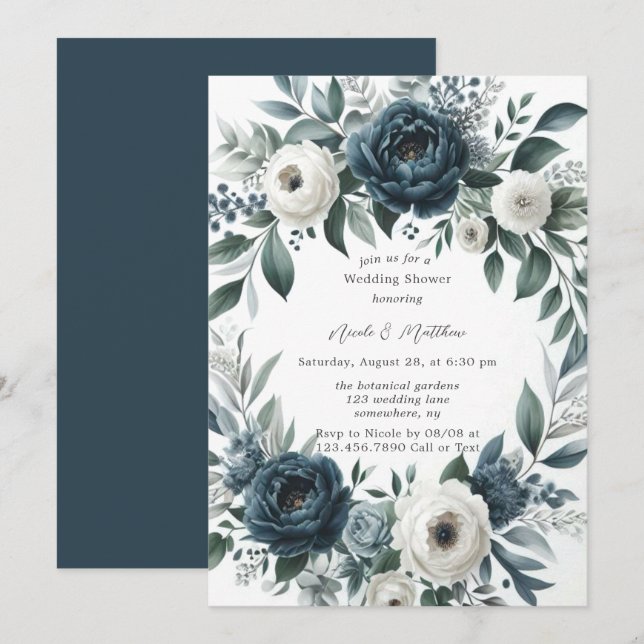 Invitation Wedding shower floral bleu marine et argent ivoire (Devant / Derrière)