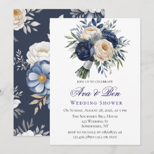 Invitation Wedding shower floral bleu marine et ivoire