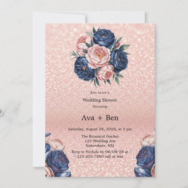 Invitation Wedding shower floral bleu marine et Rose or (Devant)