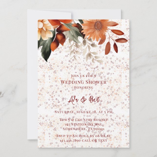 Invitation Wedding shower Floral Orange Bourgogne (Devant)