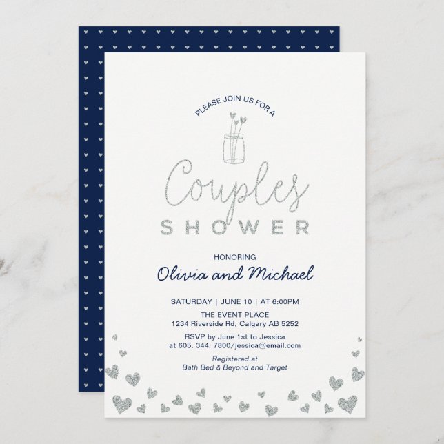 Invitation Wedding shower Mason Jar, Silver & Navy Couples (Devant / Derrière)