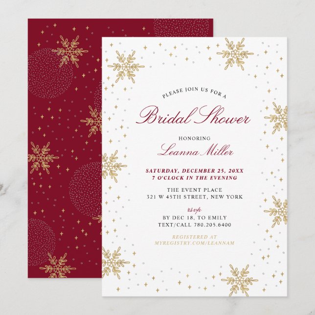 Invitation Wedding shower nuptiale Gold & Red Winter (Devant / Derrière)