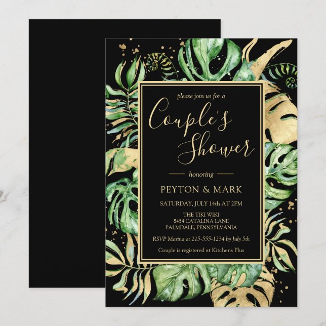 Invitation Wedding shower Tropical Black & Gold Couple (Devant / Derrière)