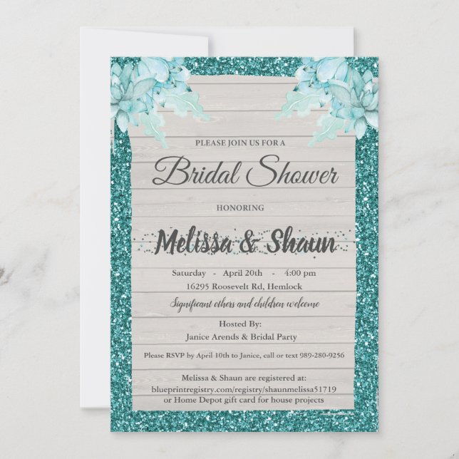 Invitation Wedding shower - Turquoise Rustic Bling (Devant)