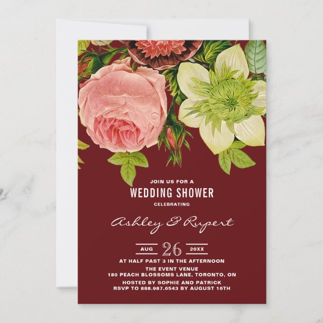 Invitation Wedding shower vintage botanique rouge floral (Devant)