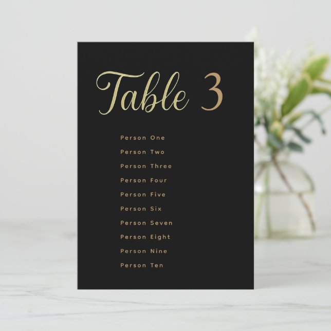 Invitation Wedding Table Seating Chart Cards | Gold on Black (Debout devant)