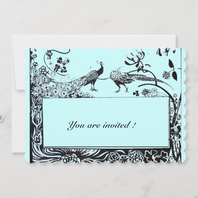 Invitation WEDDONG LOVE PEACOCKS Black Turquoise Blue Invitat (Devant)