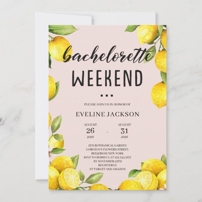 Invitation week-end bachelorette citron en été (Devant)