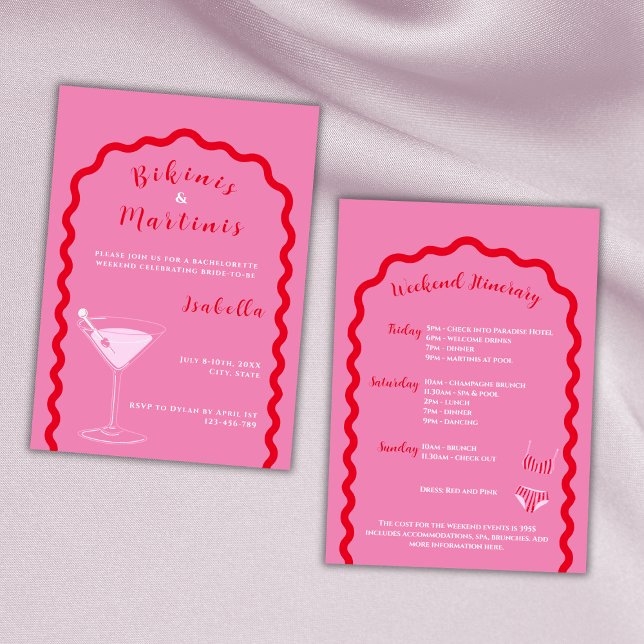 Invitation Week-End De Bikinis Et Martinis Rose Bachelorette (bikinis and martinis bachelorette party invitation pink and red weekend itinerary)