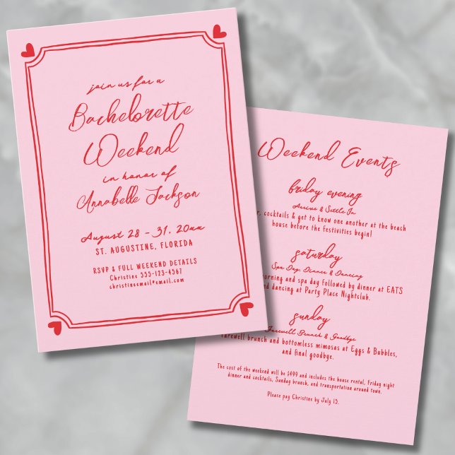 Invitation Week-end de filles rose et rouge pour l'enterremen (Pink And Red Girls Weekend Itinerary Bachelorette Invitation)