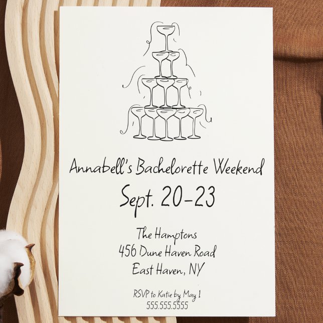 Invitation Week-end de la soirée Champagne Bachelorette (hand drawn bachelorette party invitation black and white Champagne glass tower modern simple cute)