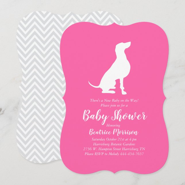 Invitation Weimaraner Chien Baby shower fille rose (Devant / Derrière)