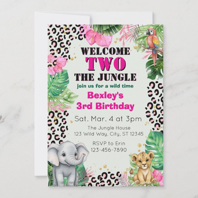 Invitation Welcome TWO Jungle Pink 2nd Birthday (Devant)