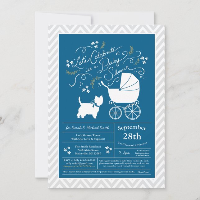 Invitation West Highland Terrier Chien Baby shower Blue Boy (Devant)