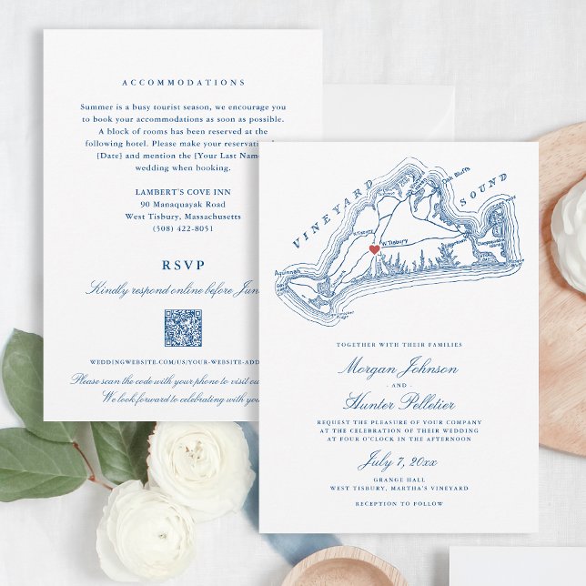 Invitation West Tisbury MA All-in-One Blue QR Code Mariage (West Tisbury Wedding All-in-one QR code Invitation for an elegant Blue Martha's Vineyard Wedding)