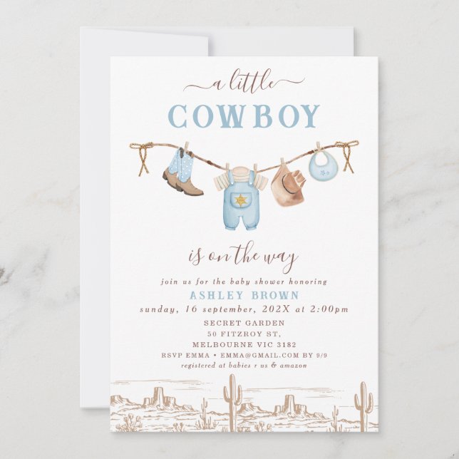 Invitation Western Blue Brown Cloche Baby shower Cowboy (Devant)