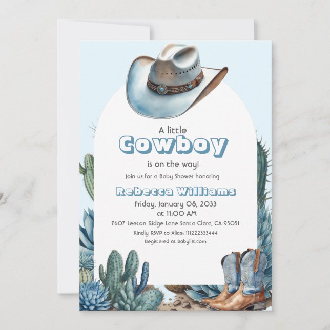 Invitation Western Blue Little Cowboy Rodeo Boy Baby shower (Devant)