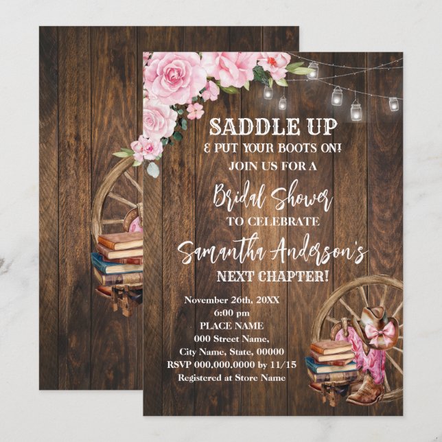 Invitation Western Boots Saddle Up Next Chapter Bridal Shower (Devant / Derrière)
