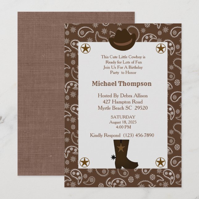 Invitation Western Brown Bandana Cowboy fête d'anniversaire (Devant / Derrière)