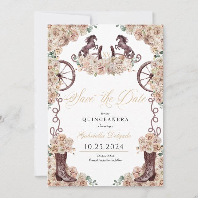 Invitation Western Champagne Gold Enregistrer La Date Quincea (Devant)