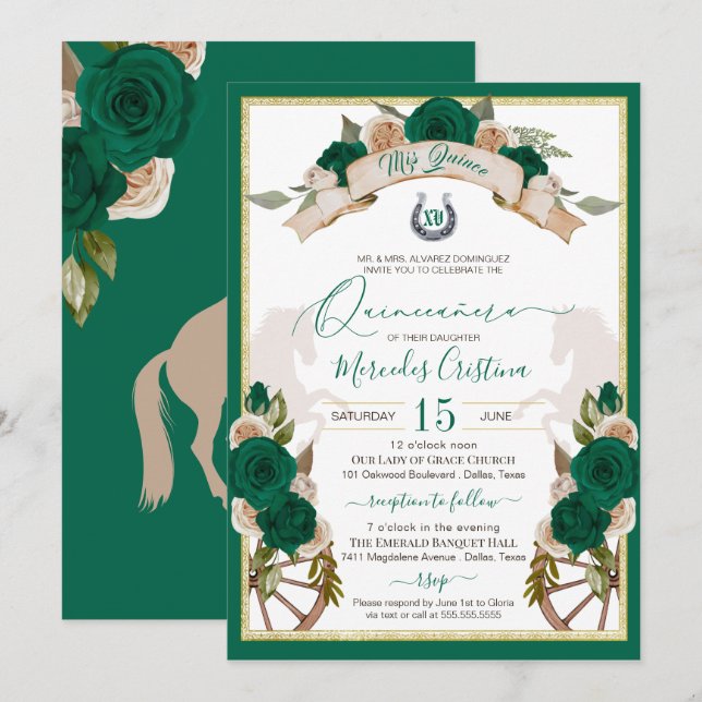 Invitation Western Charro Emerald Green Roses Quinceanera (Devant / Derrière)