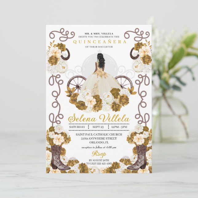 Invitation Western Charro Princess Ivory & Gold Quinceañera (Debout devant)