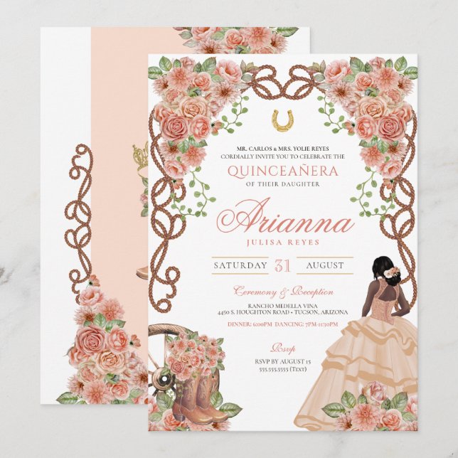 Invitation Western Charro Rose or Floral Quinceañera (Devant / Derrière)