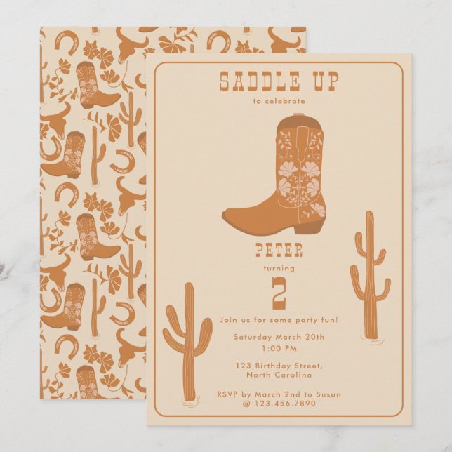 Invitation Western Country Cowboy Bottes Saddup Anniversaire (Devant / Derrière)